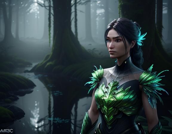 Female Amphiboid in Mystical Forest, 3D Game Graphics