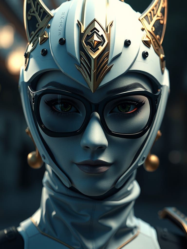 A photorealistic image with Saint-Seiya's woman mask: a white teatral face mask, only with a mask, like glasses, painted...