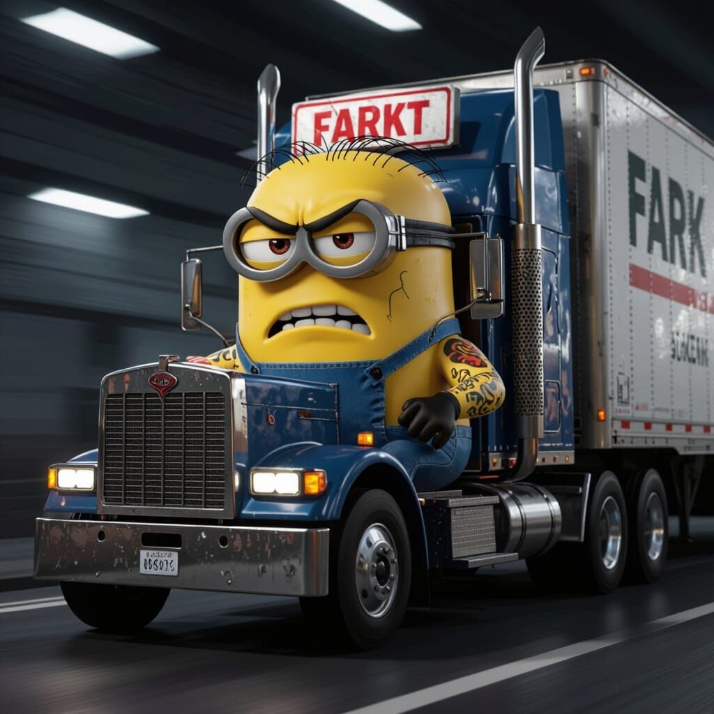 Badass Minion Bob Drives Semi Truck with Tattoos