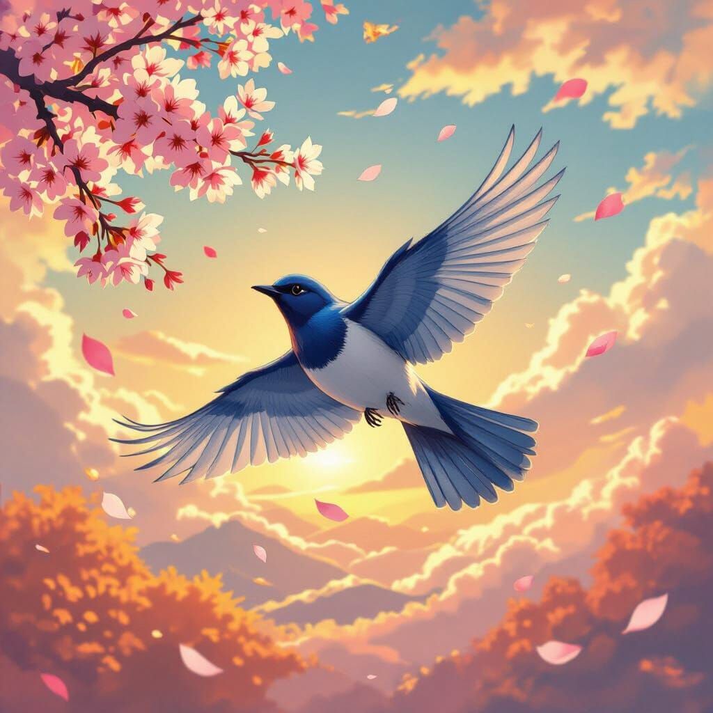 Gloss Blue Bird Soaring in Anime Autumn Sky