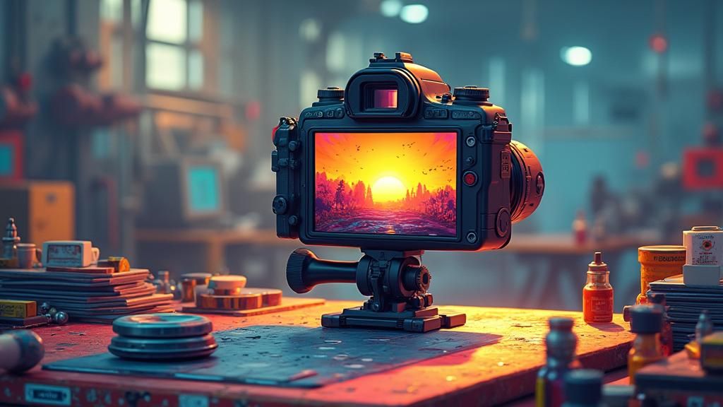 Camera on Factory Floor in Vibrant Cartoon Style