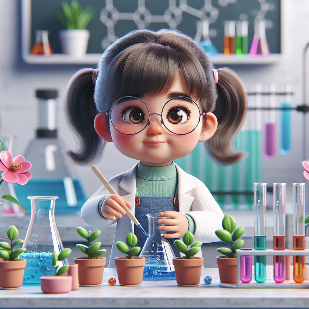 Disney Pixar style 3D adorable little girl scientist, wearing glasses, in a biotechnology lab, surrounded by colorful pl...