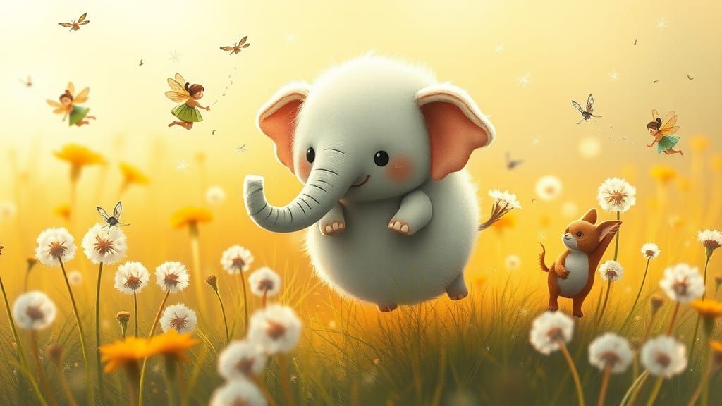 Whimsical Cloud Creature frolics in Sunlit Dandelion Meadow