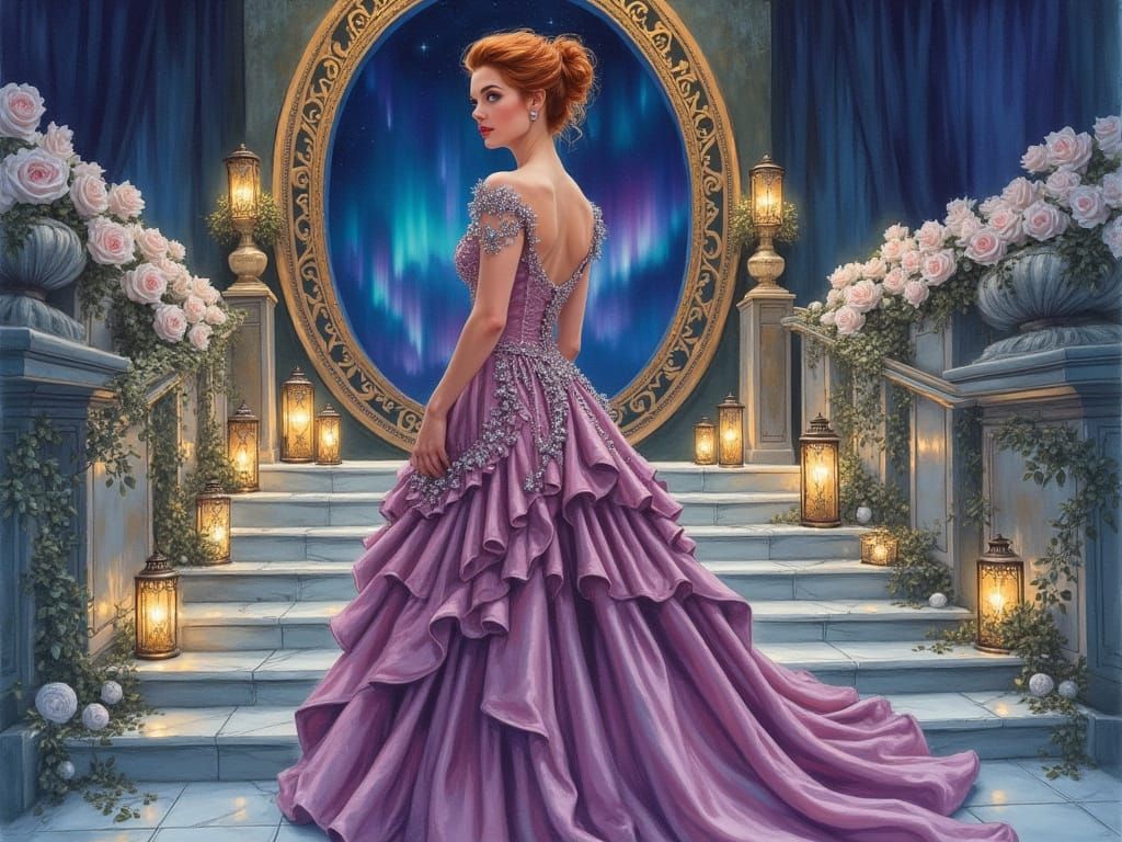 Elegant Updo Woman in Iridescent Gown on Rose Staircase