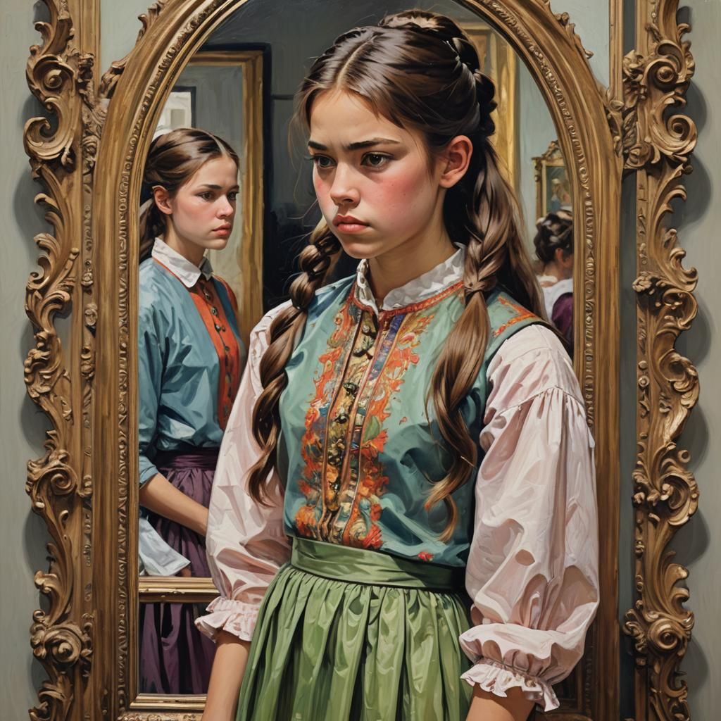 Girl's Reflection: An Oil Painting Style Drawing