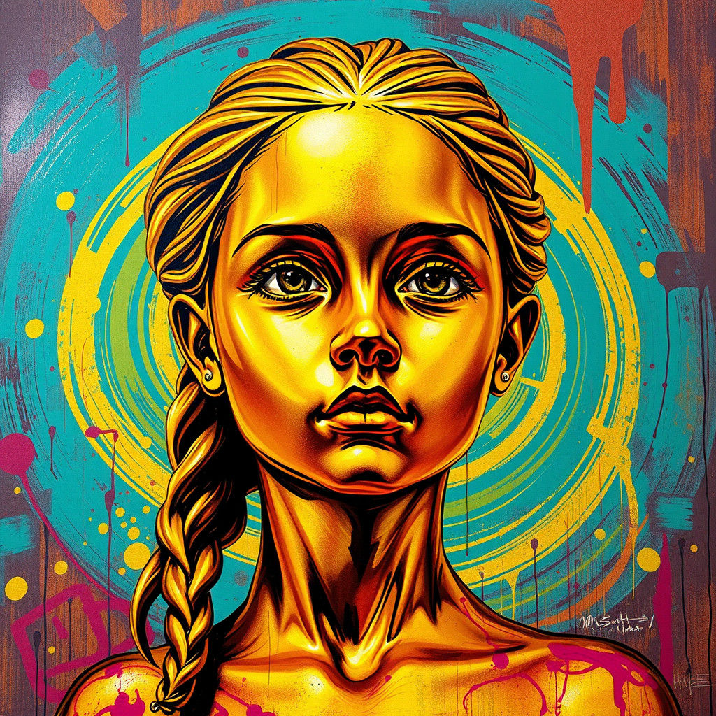 Golden Girl Statue in Street Art Style