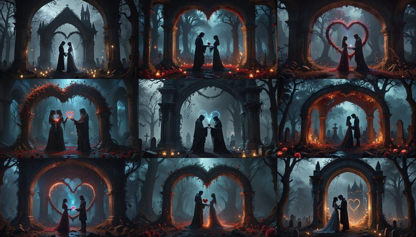 Gothic Graveyard Romance: Ghostly Couple Exchanging Locket