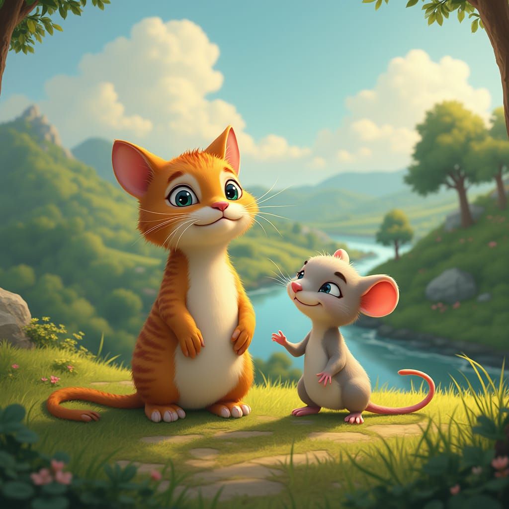 Cat and Mouse Friends in Magical Landscape