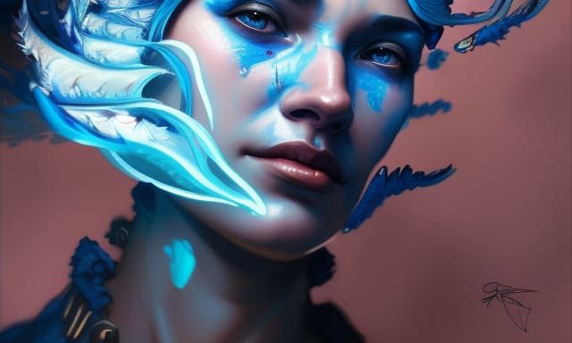Majestic Blue Fire Portrait in Art Nouveau Style