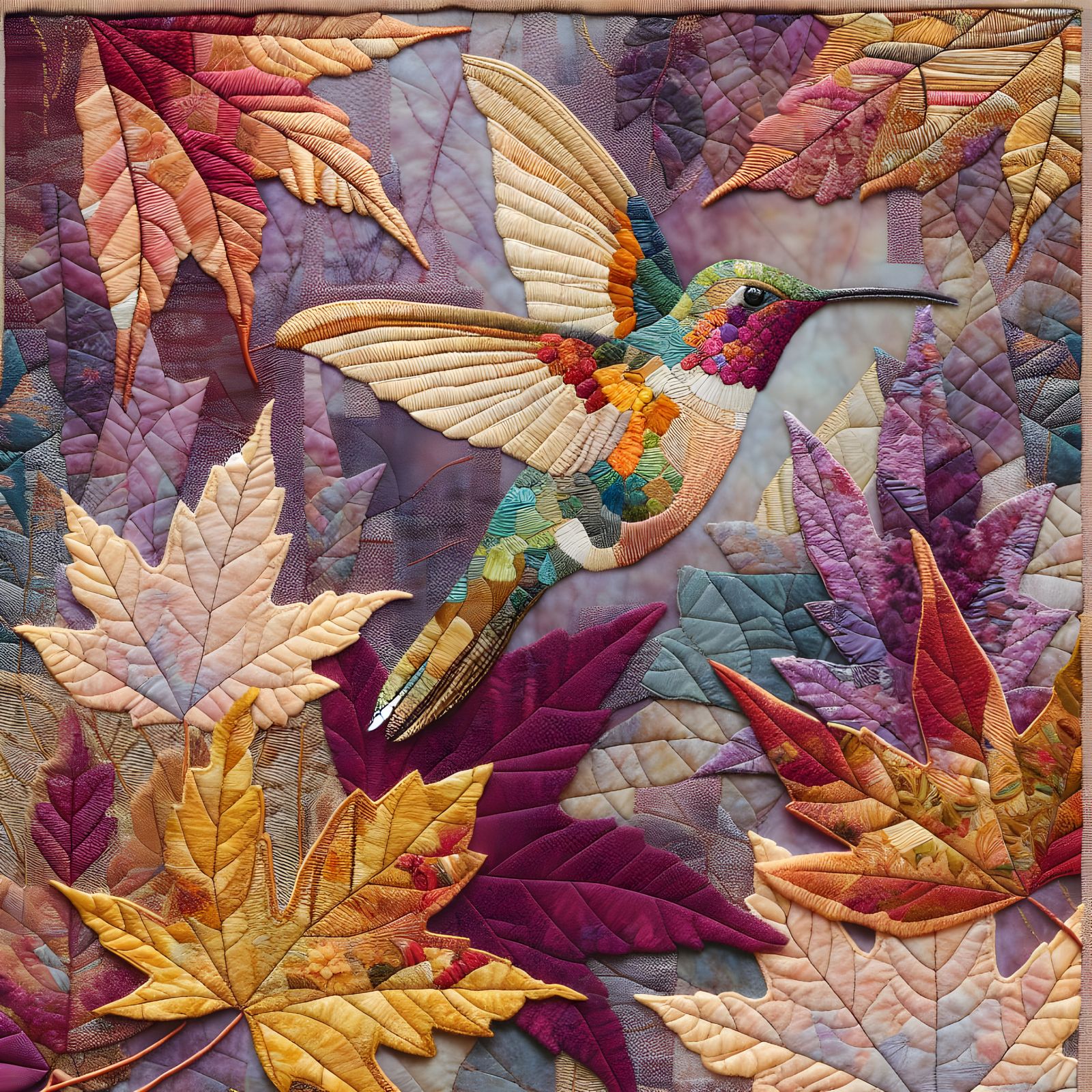 Vibrant Textile Collage with Hummingbird in Flight