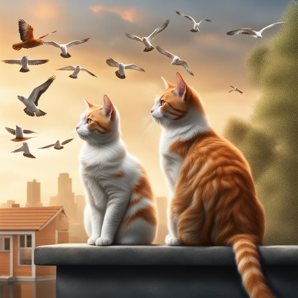 Feline Birdwatchers in a Vibrant Matte Painting