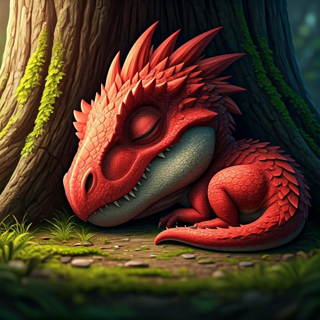 Baby Red Dinosaur Sleeping: 3D Anime Art