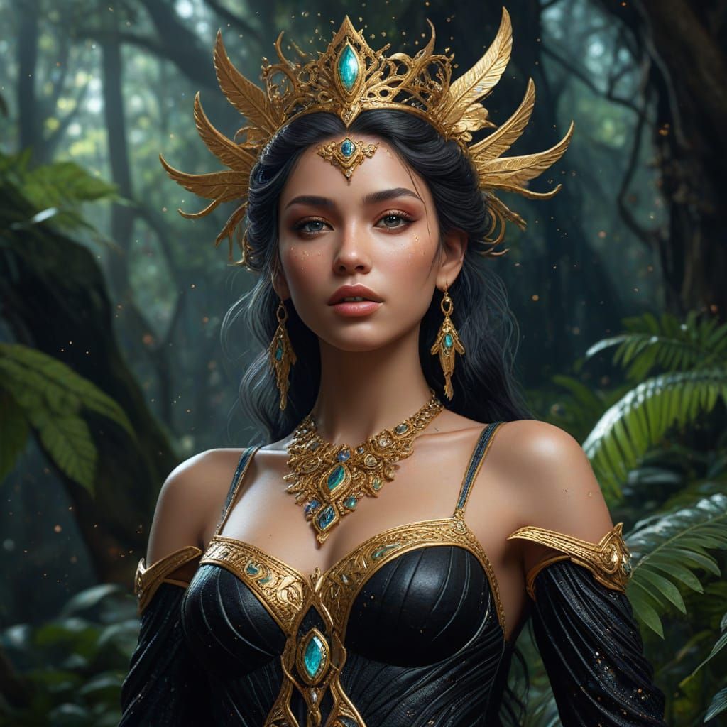 Goddess Nemesis in Rainforest: Hyper-Realistic Oil Painting