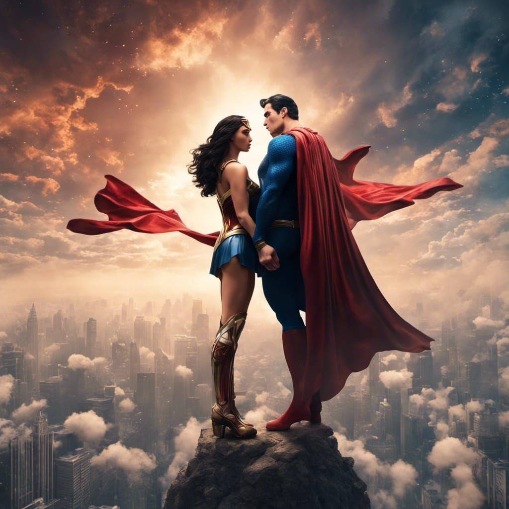 Superman and Wonder Woman, kiss, romantic scene in the sky