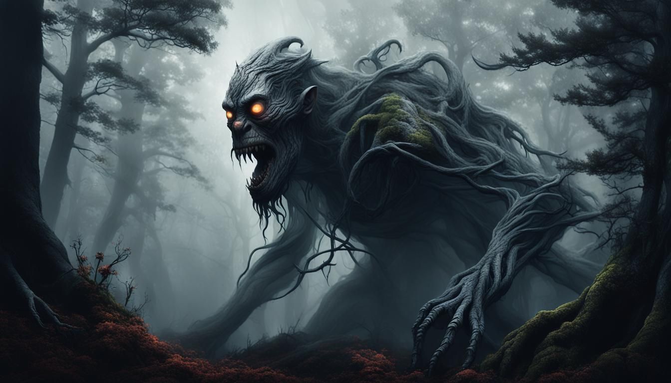 Eerie Forest Horror in Hyperrealistic Style