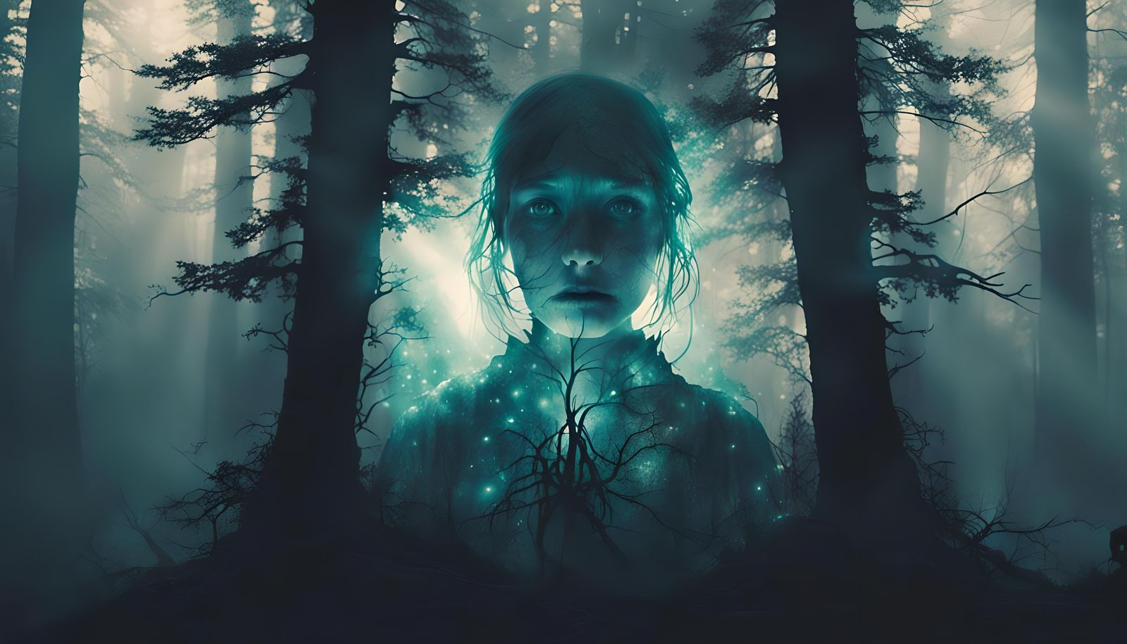 Double Exposure: Ghostly Monster in Mountain Forest