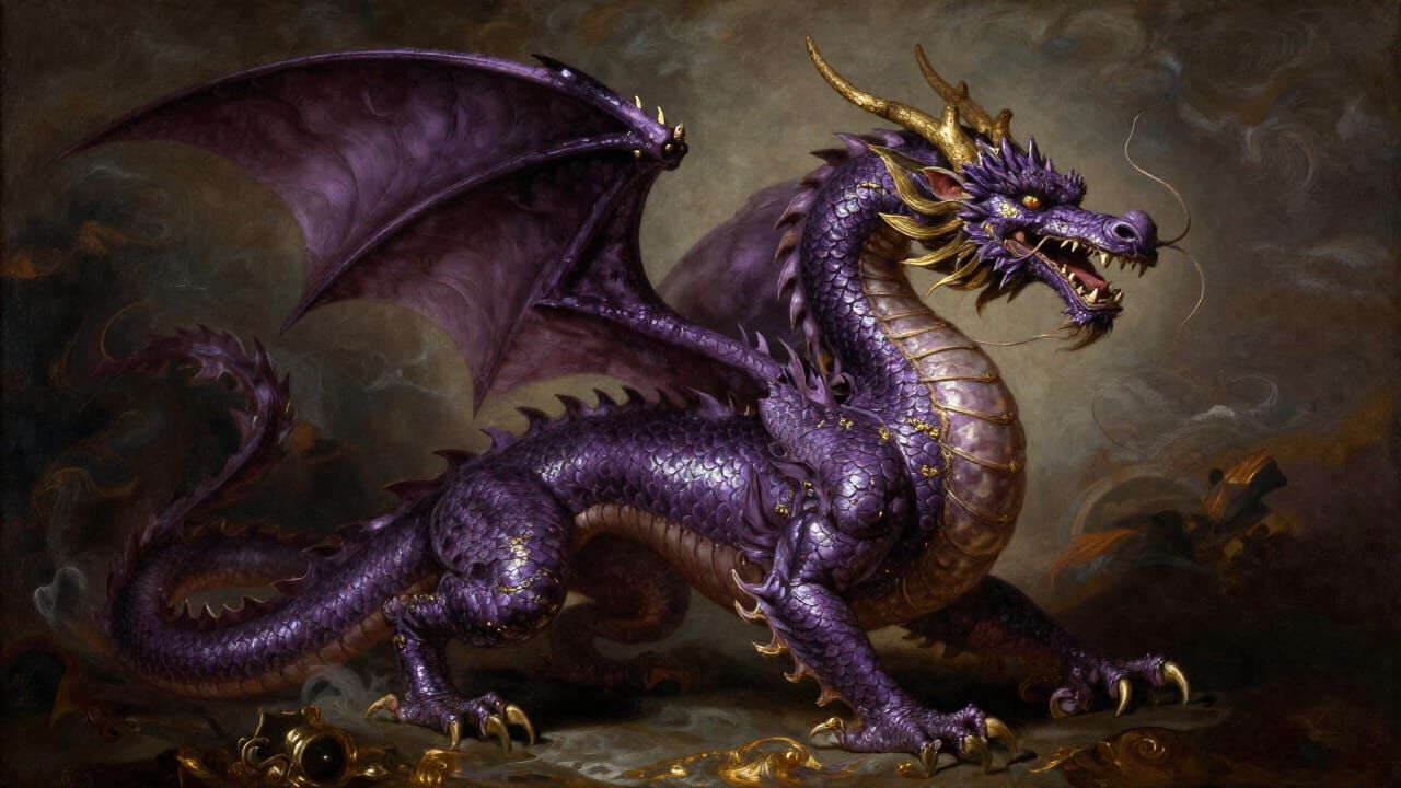 Majestic Purple Dragon in Baroque Oil Painting Style