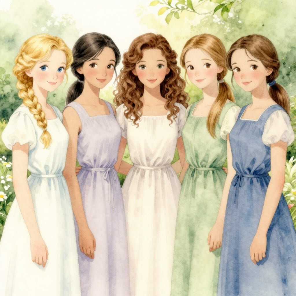 Five Friends in Soft Realistic Watercolor Style