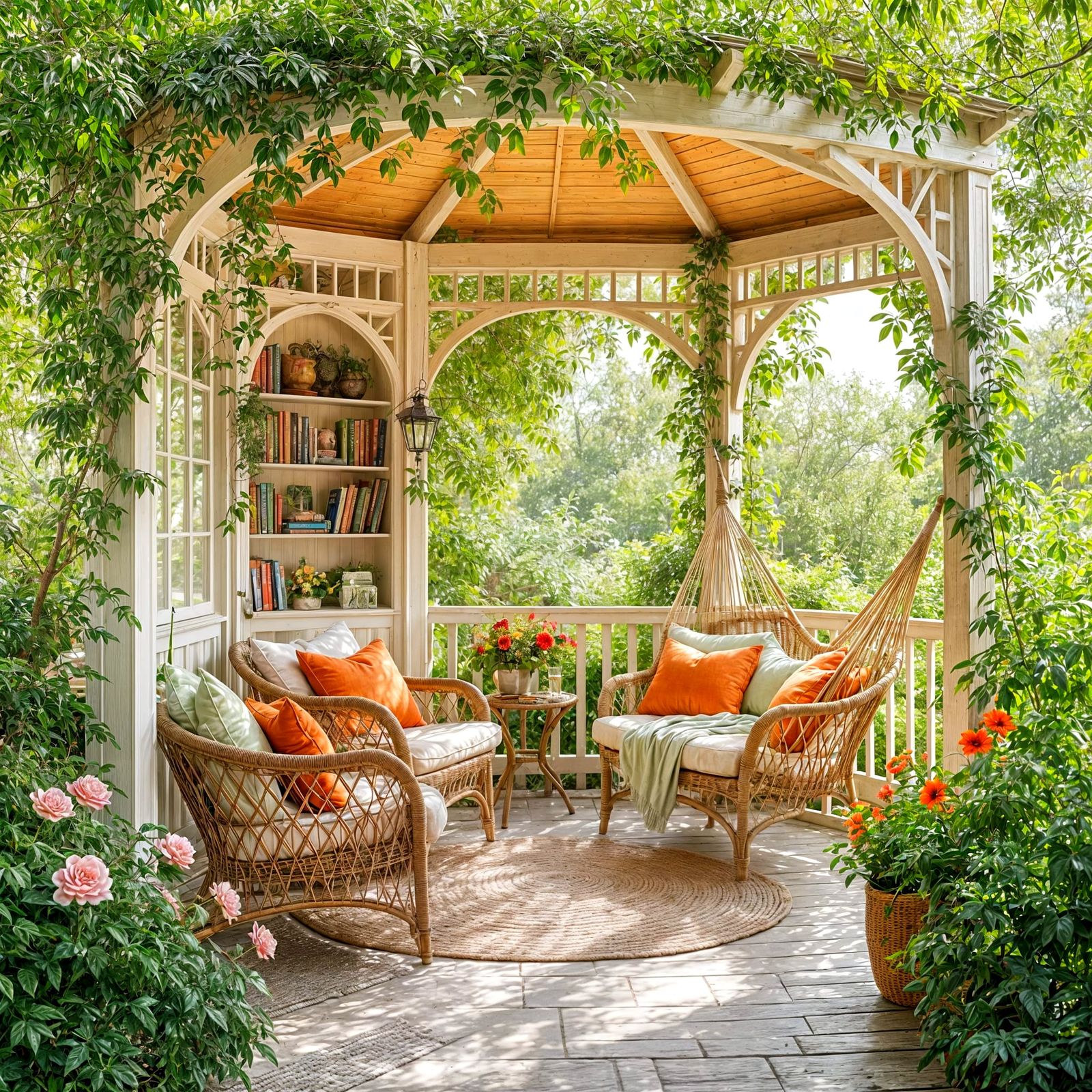 Cozy Gazebo Reading Nook in Watercolor Style