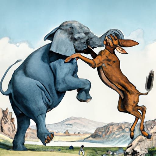 Donkey and Elephant Fight Over Penny in Comic Art