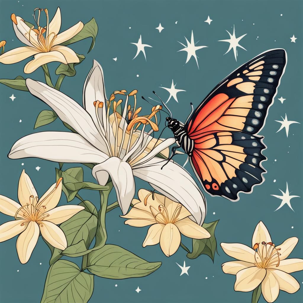 Honeysuckle Flower with Butterfly and Stars