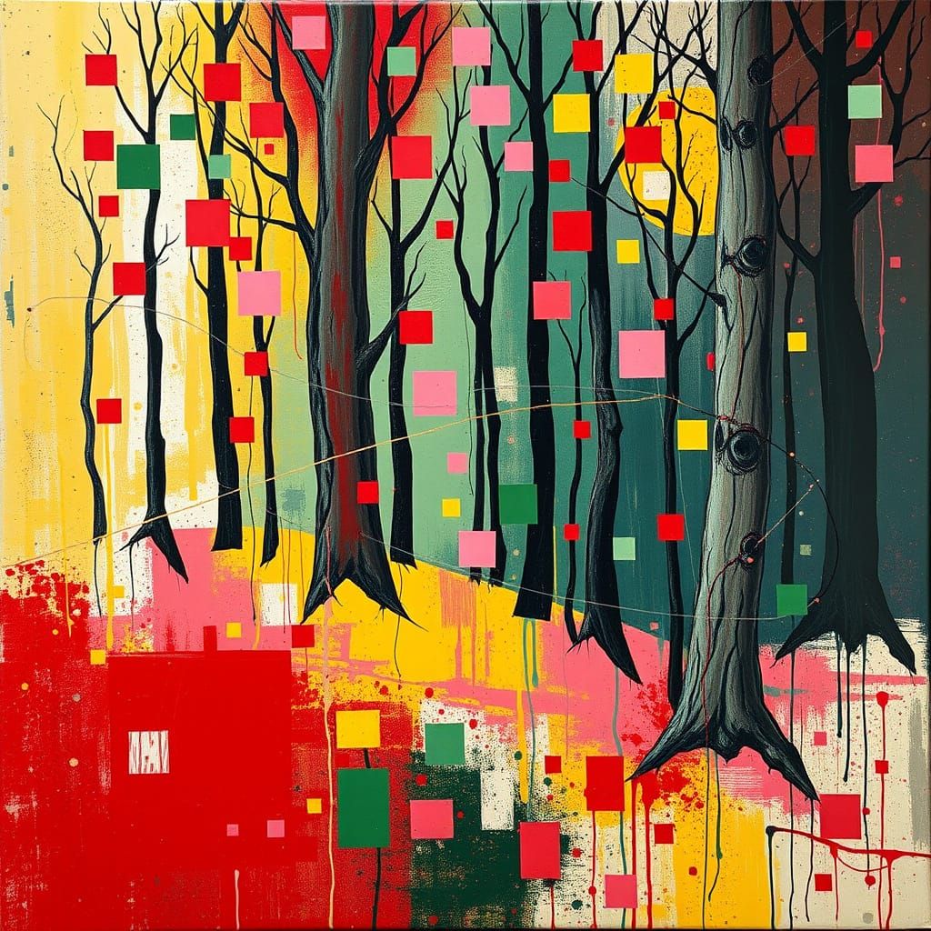 Vibrant Cubist Forest Unfolds in Surreal Abstraction