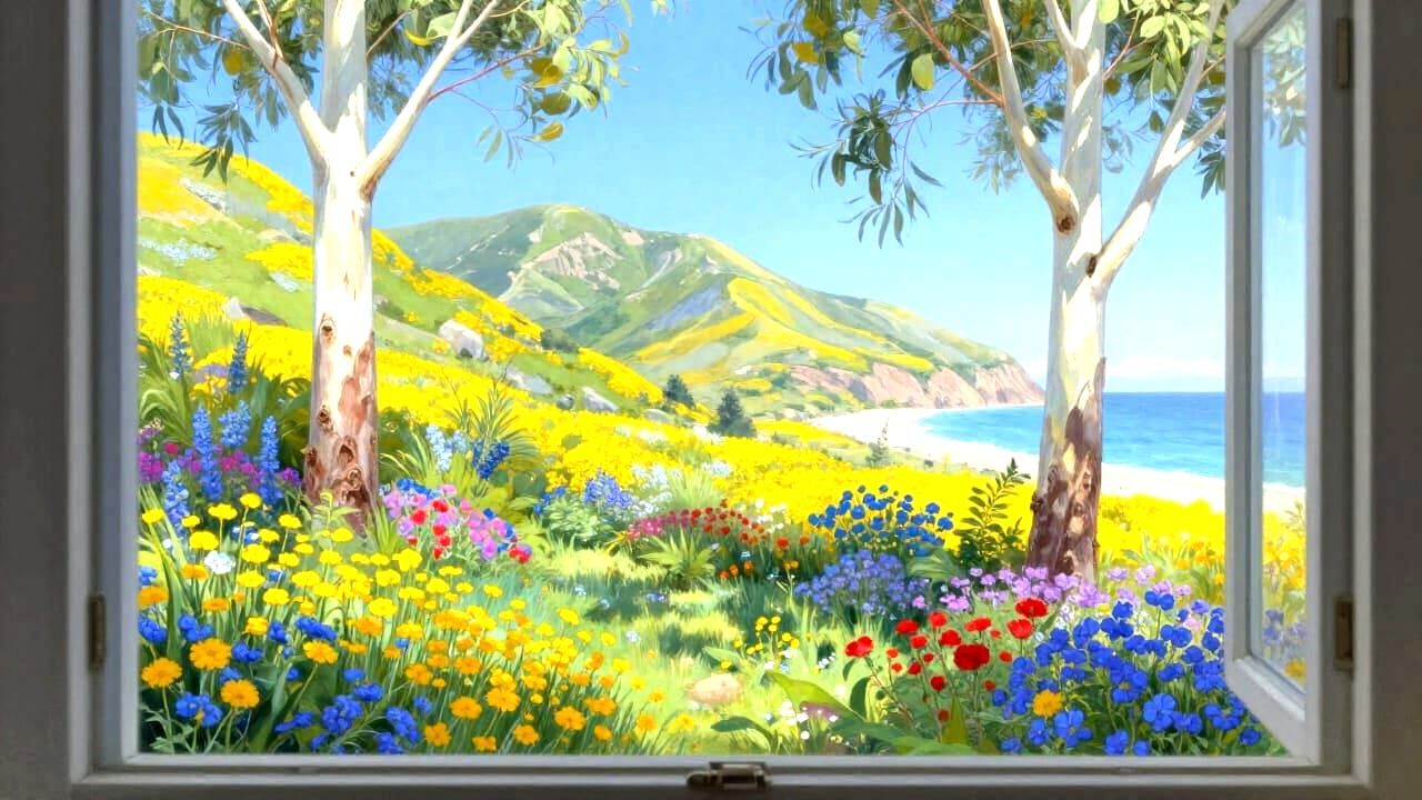 Ethereal Garden View Through Window with Eucalyptus Trees