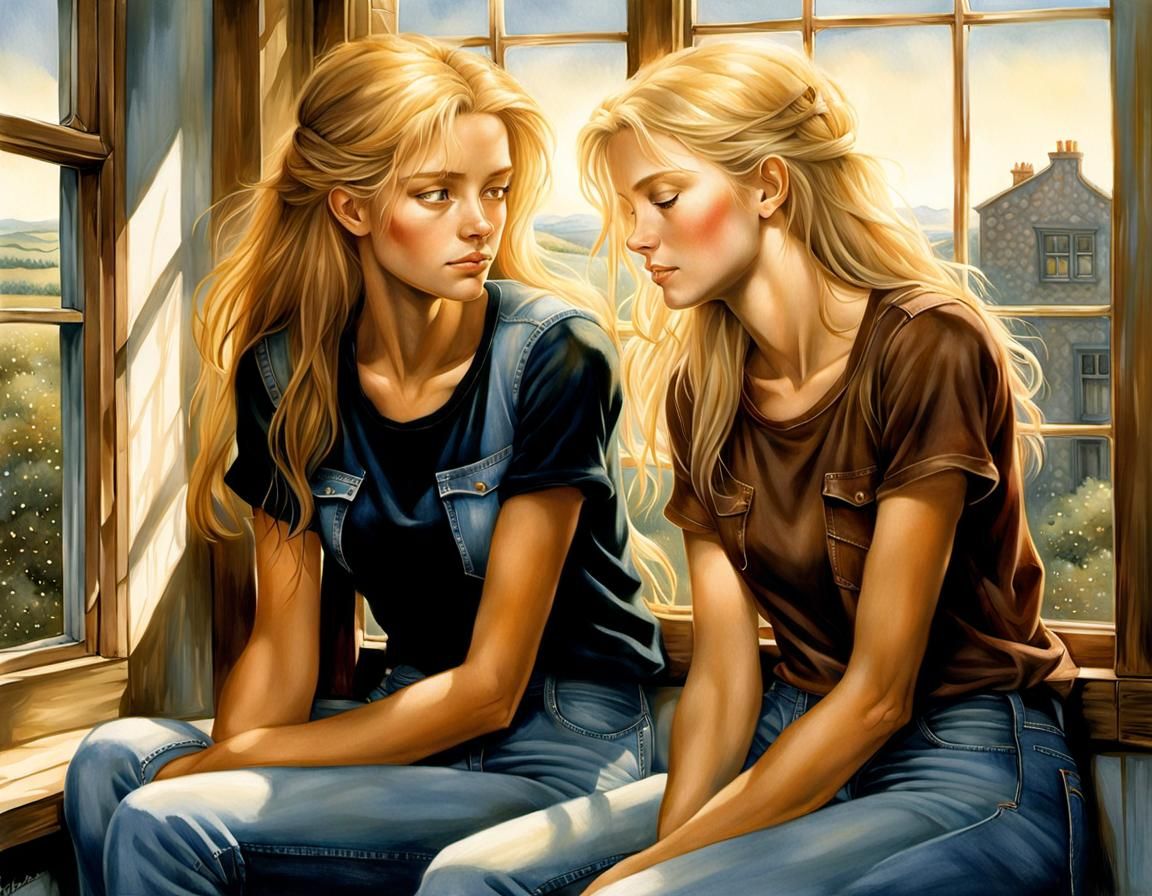 Girls in Denim Embrace in Sunlight