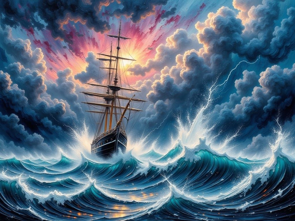 Victorian Royal Navy Ship Battles Storm in Impasto Style