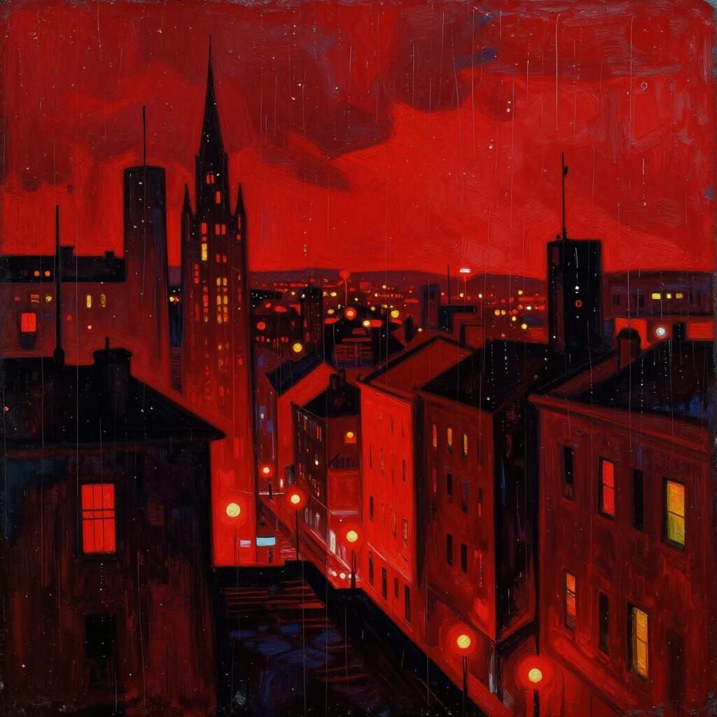 Expressionist Red Cityscape Through Rain-Streaked Window