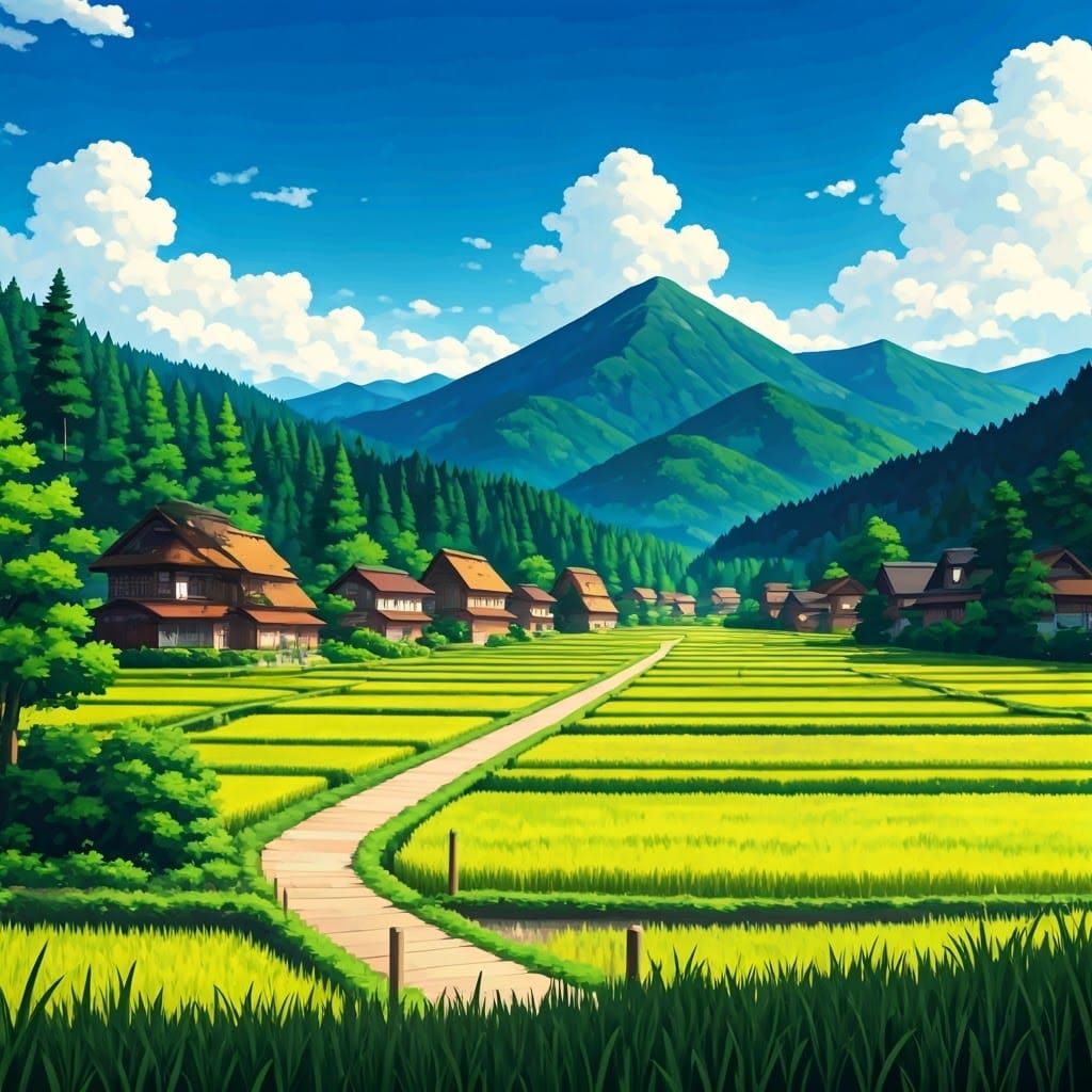 Peaceful Japanese Village Inspired by Ukiyo-e and Anime