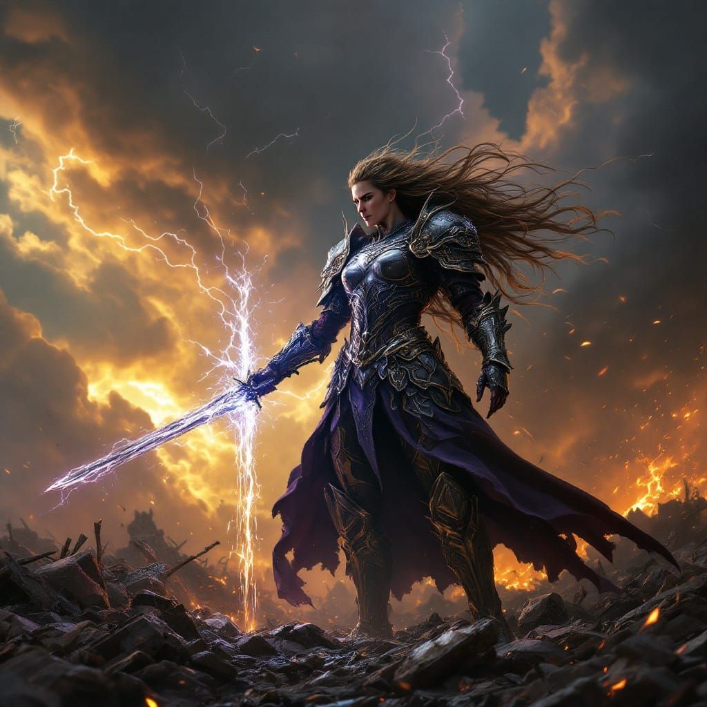 Dark Fantasy Valkyrie in Stormy Battlefield Scene