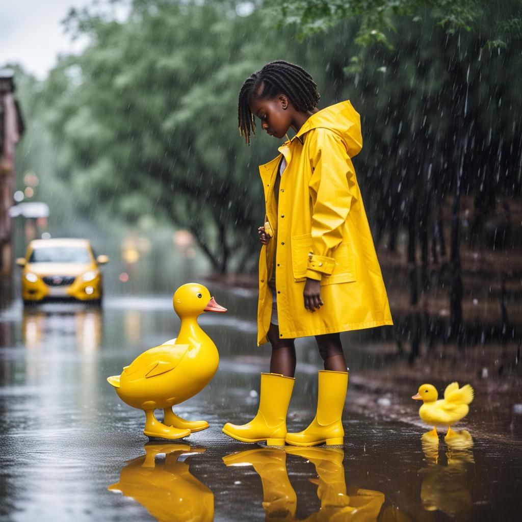 Girl in Yellow with Duck in the Rain