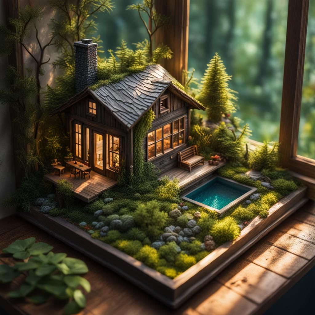 Hyperrealistic Miniature Forest Cabin on Window Shelf