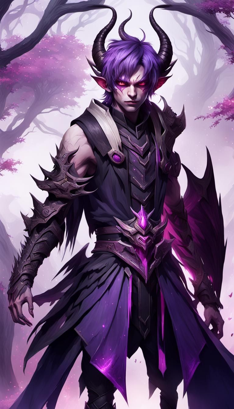 Fantastical Demon Boy with Purple Hair and Horns
