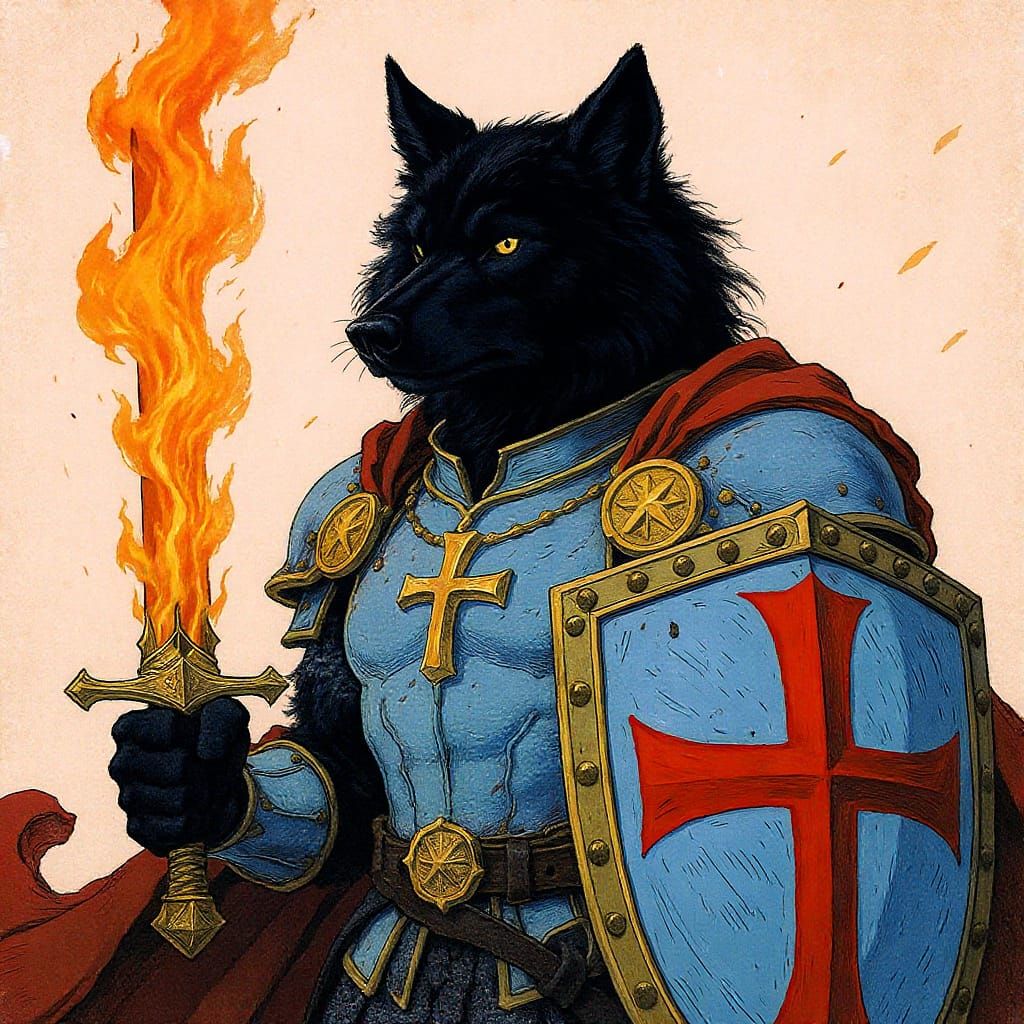 Armored Wolf Warrior with Flaming Sword, Fantasy Art