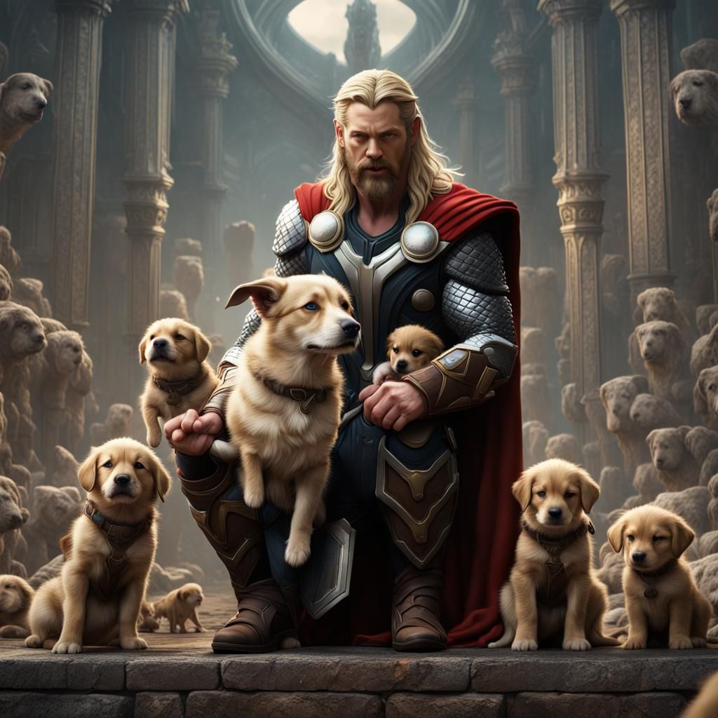 Thor Surrounded by Puppies: Detailed Matte Painting
