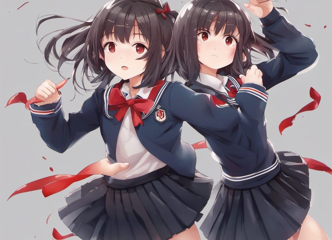 16k resolution, detailed realistic anime-style, a girl in Japanese school uniform, a navy blue sailor top with a red rib...