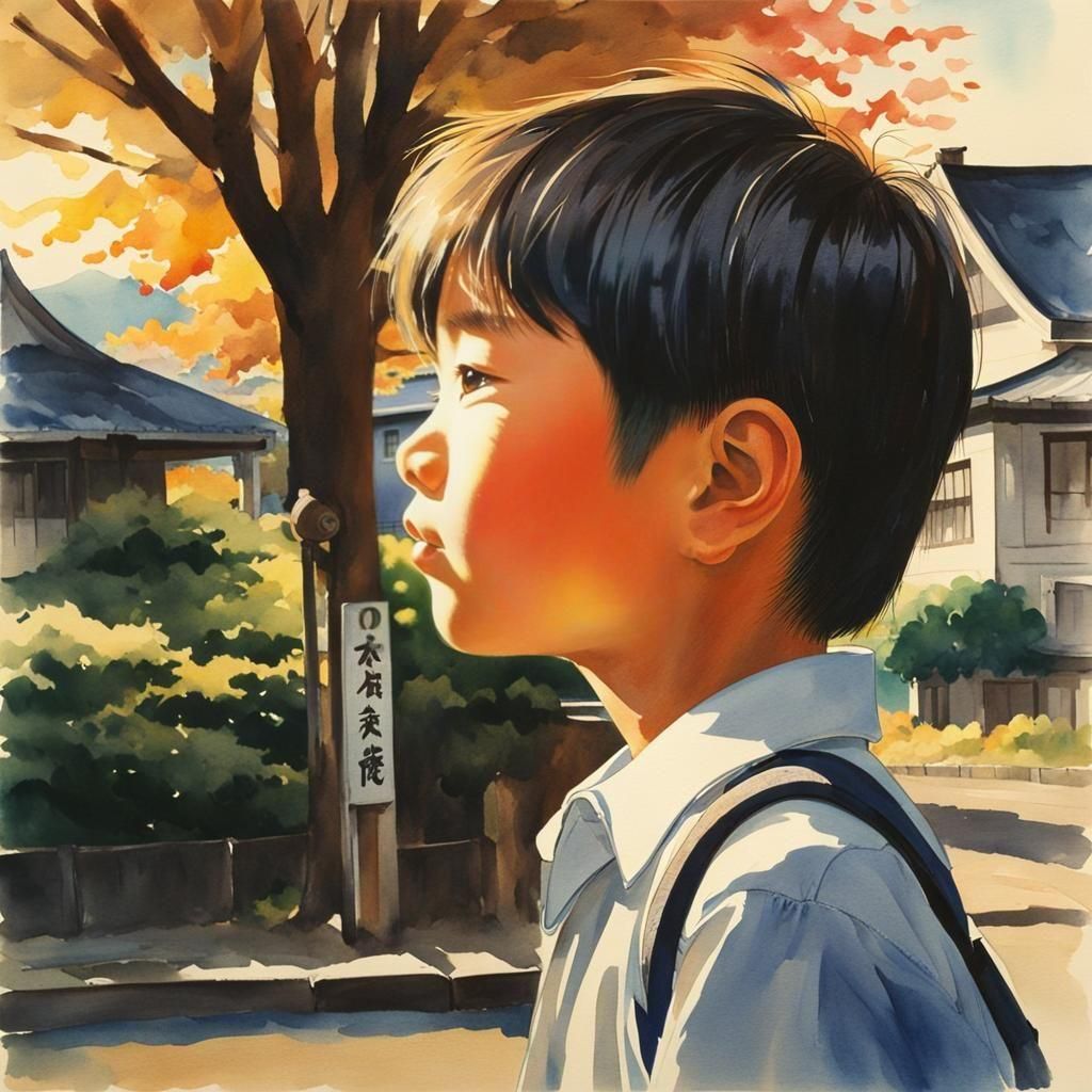Japanese Boy Walking Home at Golden Hour, Watercolor