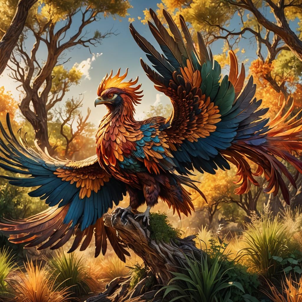 Hyperrealistic Phoenix Soaring Above Green Landscape