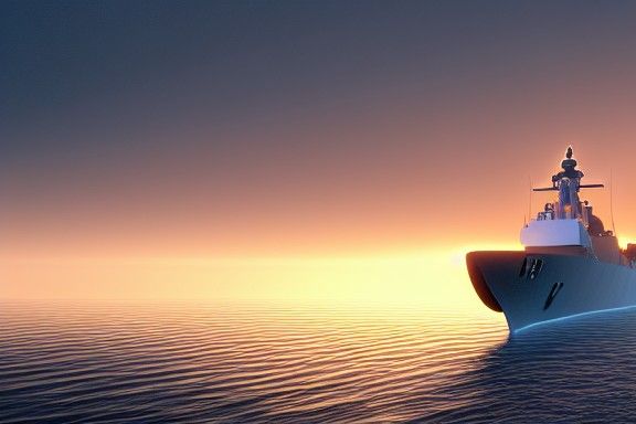 Hyperrealistic Warship at Twilight Seascape