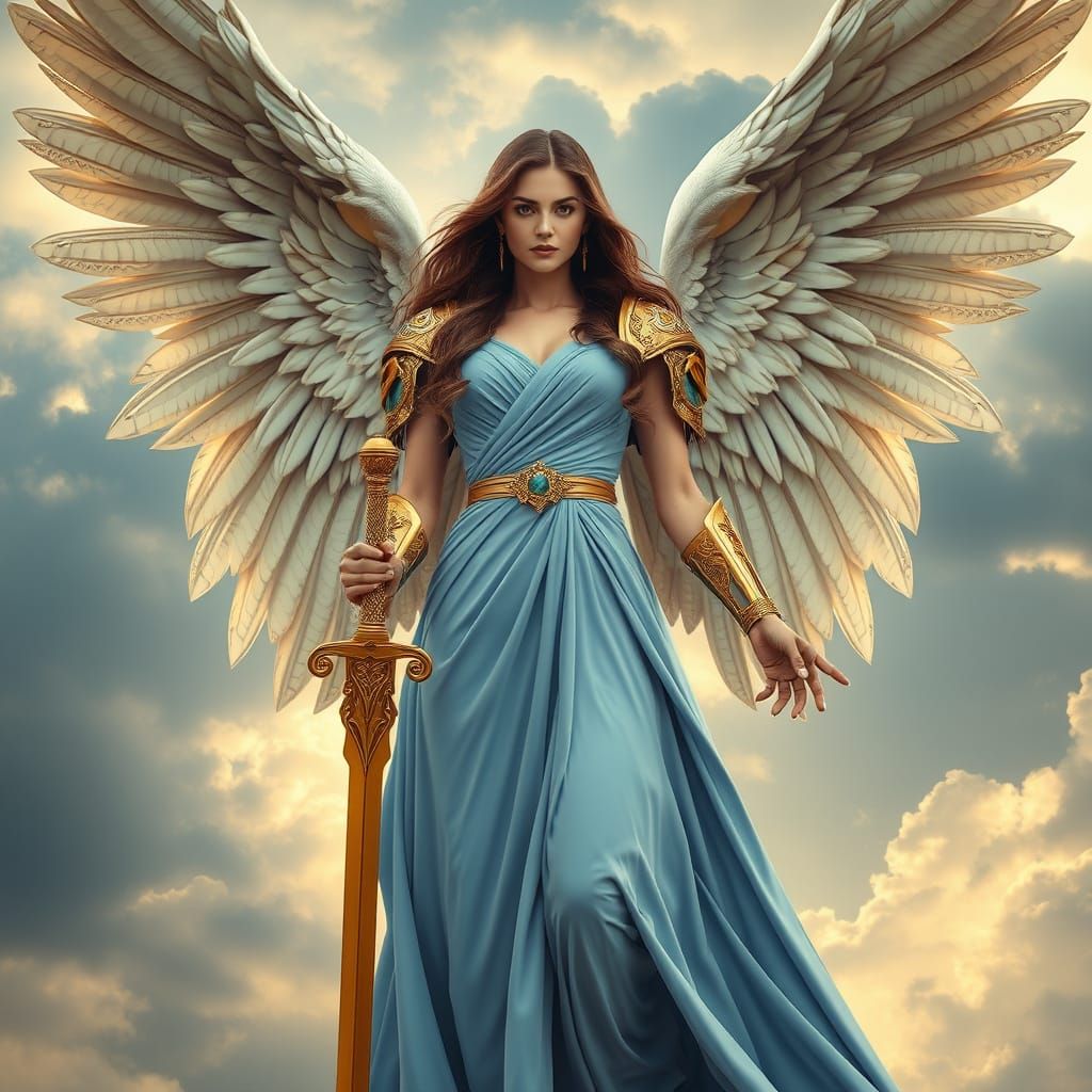 Majestic Angel in Elegant Armor and Flowing Gown