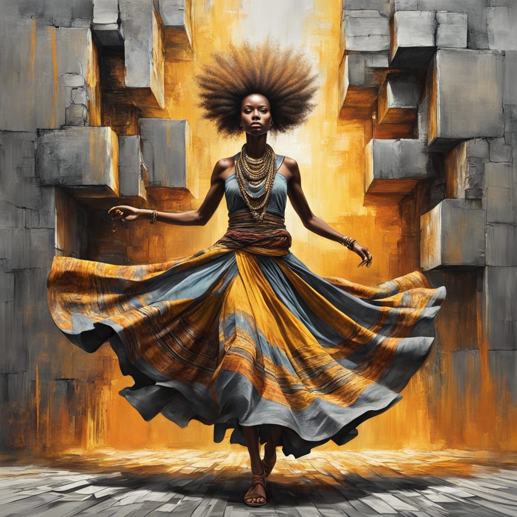 African Tribal Woman Dynamic Digital Painting with Golden Li...