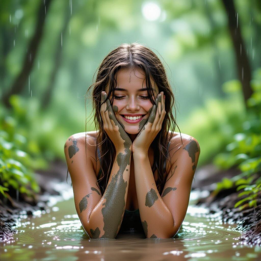 Joyful Girl Covered in Mud in Forest Rain