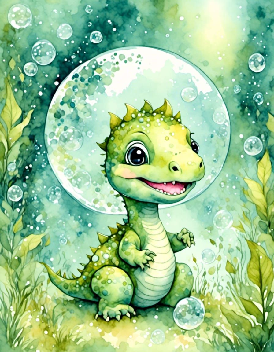 Baby Dinosaur and Bubbles in Forest, Watercolor Art
