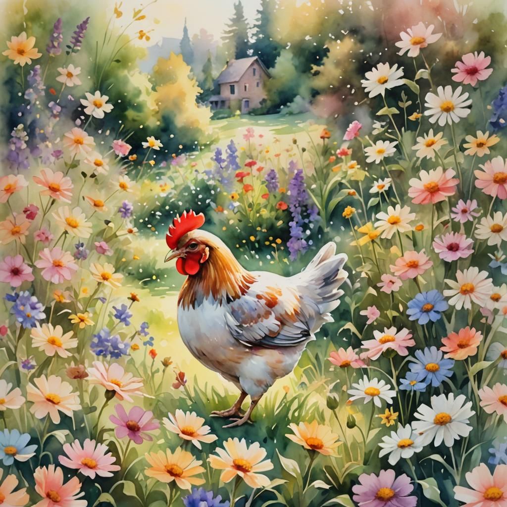 Watercolor Chicken in Dreamy Garden Landscape