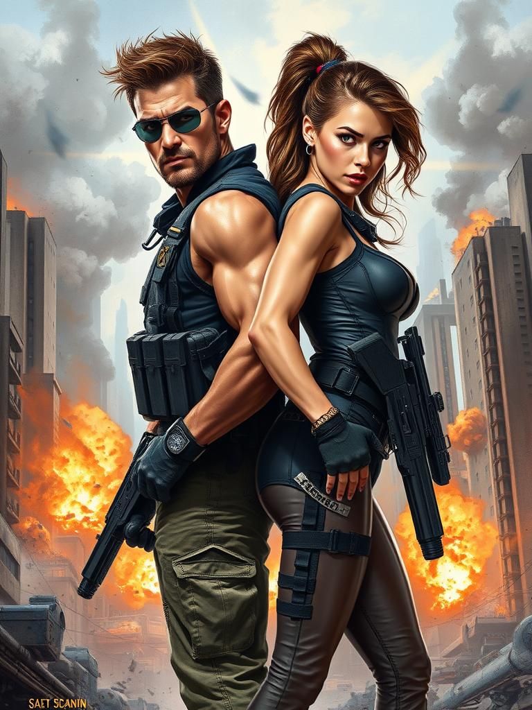 Dynamic Heroes in War-Torn Cityscape