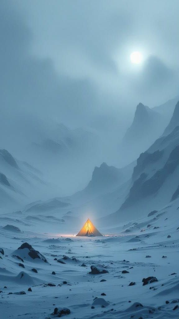 Eerie Frozen Mountain Pass in Snowstorm with Faint Tent Ligh...