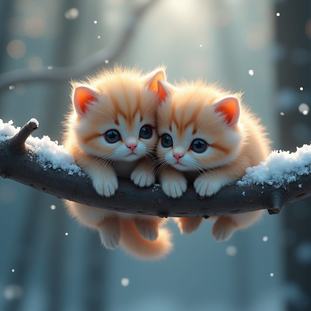 2 fluffy fur, small animated kittens, laying elevated on some tree branches, a snow setting with a fog and falling snow
...