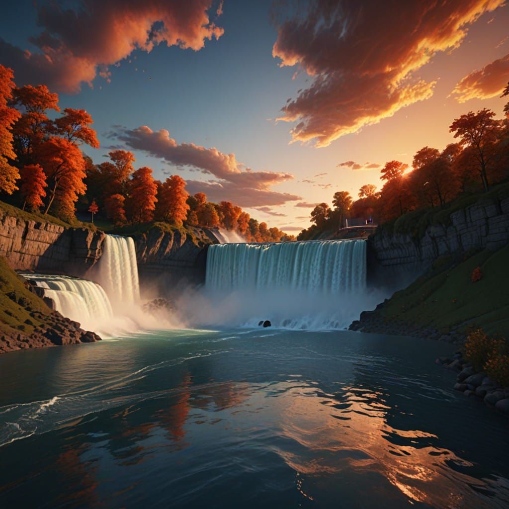 Surreal Sunset Niagara Falls Scene in Deep, Warm Colors